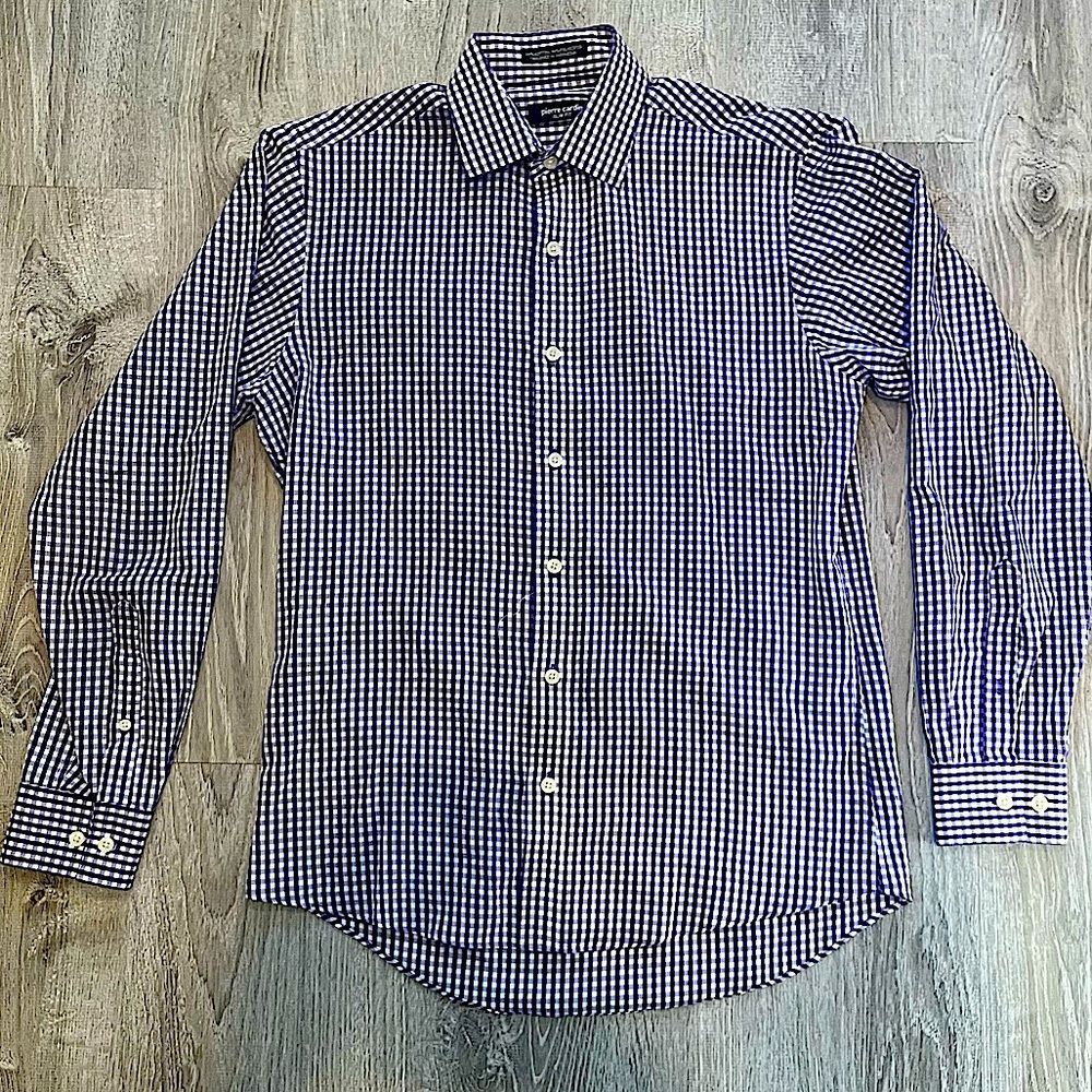 Pierre Cardin Slim Fit Purple Gingham Plaid Button Down Dress Shirt 15 32/33